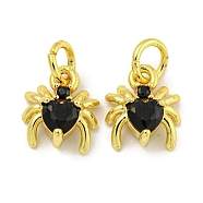 Rack Plating Brass Micro Pave Cubic Zirconia Spider Charms, Long-Lasting Plated, Cadmium Free & Lead Free, Real 18K Gold Plated, Black, 9x8x4mm, Hole: 3.5mm(ZIRC-I065-02F)