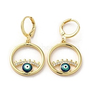 Evil Eye Real 18K Gold Plated Brass Dangle Leverback Earrings, with Enamel and Cubic Zirconia, Medium Sea Green, 33.5x18.5mm(EJEW-Q797-09G-04)
