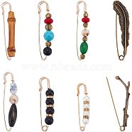 8Pcs 8 Style Branch & Feather & Bamboo Shape Alloy & Iron Safety Pin Brooches, Resin & Acrylic Imitation Gemstone Beaded Badges for Backpack Clothes, Mixed Color, 58~87.5x15.5~21x3~20mm, 1Pc/style(JEWB-NB0001-15)