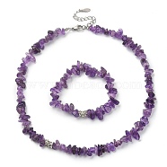 Natural Amethyst Chips Beaded Necklace & Stretc Bracelet, Gemstone Jewelry Set, 16-3/8 inch(41.5cm), Inner Diameter: 1-3/4 inch(4.6cm)(SJEW-JS01281-01)