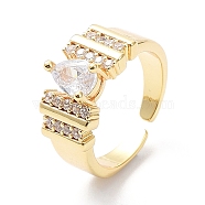 Cubic Zirconia Teardrop Open Cuff Ring, Real 18K Gold Plated Brass Jewelry for Women, Clear, Inner Diameter: 16.8mm(RJEW-G287-03G-02)