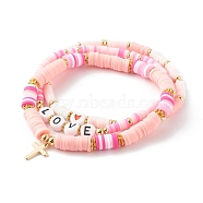 Polymer Clay Heishi Beads Stretch Bracelets Sets for Valentine's Day, with Acrylic Enamel Beads, Word Love, Real 18K Gold Plated, Pink, Inner Diameter: 2-1/8 inch(5.4cm), 3pcs/set(BJEW-JB06298-03)