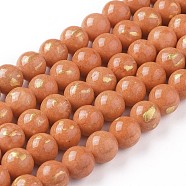 Natural Jade Beads Strands, with Gold Foil, Dyed, Round, Coral, 10mm, Hole: 1mm, about 39~40pcs/strand, 15.75 inch(40cm)(G-F669-A01-10mm)