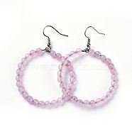 Natural Rose Quartz Dangle Earrings, with Stainless Steel Hook, Ring, 60~61x44mm, Pin: 0.6mm(EJEW-K077-A04)