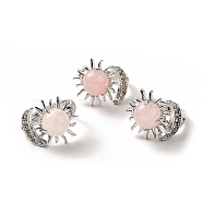 Natural Rose Quartz Sun & Moon Open Cuff Rings, Platinum Brass Jewelry for Women, Lead Free & Cadmium Free, Inner Diameter: 17~18mm(RJEW-K241-01P-04)