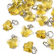 Faceted Transparent Glass Charms, with Iron Jump Ring, Butterfly, Yellow, 13~14x9.8x6mm, Hole: 4mm(GLAA-T024-06L)