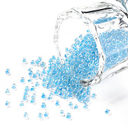 11/0 Grade A Transparent Glass Seed Beads, Inside Color, AB Color Plated, Deep Sky Blue, 2.3x1.5mm, Hole: 1mm, about 5380/50g(X-SEED-N001-E-321)