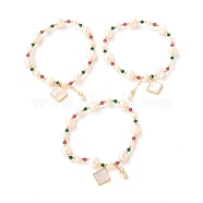 Brass Shell Rhombus Charms Stretch Bracelets, Real 18K Gold Plated, with Natural Pearls, Rare Earth Glass Beads, Long-Lasting Plated, Mixed Color, Inner Diameter: 2-1/8 inch(5.3cm)(BJEW-D447-18G)