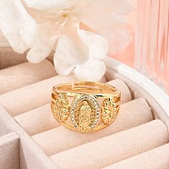 Brass Micro Pave Clear Cubic Zirconia Finger Rings for Women, Lead Free & Cadmium Free, Long-Lasting Plated, Oval with Virgin Mary & Flower, Real 18K Gold Plated, 12.5mm, Inner Diameter: 17mm(RJEW-Z081-01G)