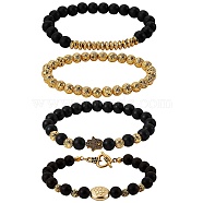 Natural Lava Rock & Synthetic Black Stone Round Beads Energy Stretch Bracelets Set, Lotus Flat Round Alloy Beads Bracelets, Heart Clasps Bracelets, Antique Golden, 2~2-3/8 inch(5.2~5.9cm), 4pcs/set(BJEW-SZ0001-85)