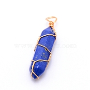 Natural Lapis Lazuli Pendants, with Golden Steel Wire, Hexagon Prism, 43x11x11mm, Hole: 5mm(G-CJC0001-02G-03)