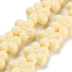 Synthetic Coral Carved Beads Strands, Dyed, 5-Petal Flower, Lemon Chiffon, 13x13x6mm, Hole: 1.2mm, about 27~28pcs/strand, 13.39~13.78''(34~35cm)(CORA-B001-03)