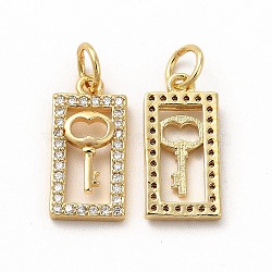 Rack Plating Brass Micro Pave Cubic Zirconia Charms, with Jump Ring, Real 18K Gold Plated, Long-Lasting Plated, Rectangle with Key Charm, Real 18K Gold Plated, 15x7.5x2mm, Hole: 3.6mm(ZIRC-M120-11G)