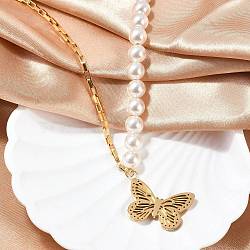 304 Stainless Steel & Plastic Imitation Pearl Butterfly Pendant Necklaces, Ion Plating(IP), Golden, 17.32 inch(44cm)(NJEW-L157-04G)