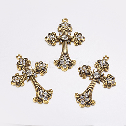 Alloy Rhinestone Cross Big Pendants, Lead Free & Cadmium Free & Nickel Free, Antique Golden, 75x50x7mm, Hole: 3.5mm(ALRI-1475-AG-NR)