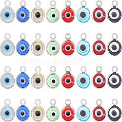 SUPERFINDINGS Handmade Lampwork Charms, with 304 Stainless Steel Findings, Flat Round with Evil Eye, Mixed Color, 9.5x6.5x2.5mm, Hole: 1.5mm, 8 colors, 8pcs/color, 64pcs(STAS-FH0001-22P)