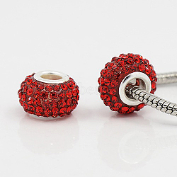 Large Hole Rondelle Resin Pave Grade A Rhinestone European Beads, with Silver Color Plated Brass Double Cores, Light Siam, 15x10mm, Hole: 5mm(CPDL-H001-19)