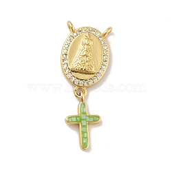 Brass Charms, with Shell, Cadmium Free & Lead Free, Long-Lasting Plated, Oval with Cross, Real 18K Gold Plated, Lime Green, 30mm, Hole: 1.5mm(KK-B059-52G-E)