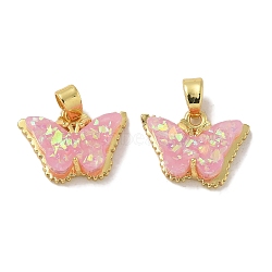 Rack Plating Brass Pendants, with Resin Imitation Opal & Glitter, Long-Lasting Plated, Lead Free & Cadmium Free, Butterfly, Pink, 11.5x15.5x5mm, Hole: 4x2.5mm(KK-Q009-07G-04)