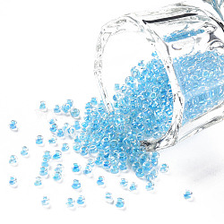 11/0 Grade A Transparent Glass Seed Beads, Inside Color, AB Color Plated, Deep Sky Blue, 2.3x1.5mm, Hole: 1mm, about 5380/50g(X-SEED-N001-E-321)