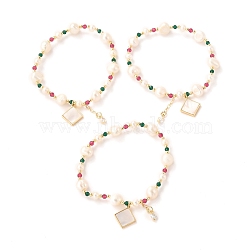 Brass Shell Rhombus Charms Stretch Bracelets, Real 18K Gold Plated, with Natural Pearls, Rare Earth Glass Beads, Long-Lasting Plated, Mixed Color, Inner Diameter: 2-1/8 inch(5.3cm)(BJEW-D447-18G)