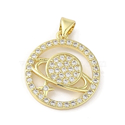 Rack Plating Brass Micro Pave Cubic Zirconia Pendants, Planet, Long-Lasting Plated, Cadmium Free & Lead Free, Real 18K Gold Plated, 22.5x19.5x2.5mm, Hole: 4x3mm(KK-C052-22G)