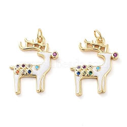 Christmas Theme Rack Plating Brass Pendants, Micro Pave Colorful Grade AAA Cubic Zirconia, with Enamel and Jump Ring, Long-Lasting Plated, Cadmium Free & Lead Free, Deer, 17x14x2mm, Hole: 2.5mm(KK-M280-11C-G)