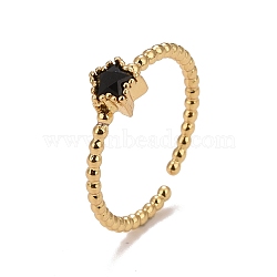 Cubic Zirconia Cuff Rings, with Rack Plating Real 18K Gold Plated Brass, Long-Lasting Plated, Lead Free & Cadmium Free & Nickel Free, Star, Black, 1.5mm, Inner Diameter: 17.6mm, Star: 5.5x6mm(RJEW-E060-01G-01)