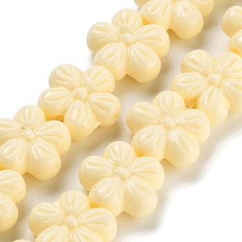 Synthetic Coral Carved Beads Strands, Dyed, 5-Petal Flower, Lemon Chiffon, 13x13x6mm, Hole: 1.2mm, about 27~28pcs/strand, 13.39~13.78''(34~35cm)