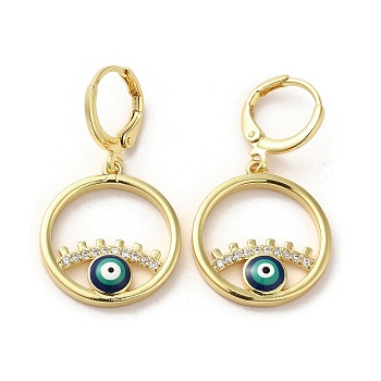 Evil Eye Real 18K Gold Plated Brass Dangle Leverback Earrings, with Enamel and Cubic Zirconia, Medium Sea Green, 33.5x18.5mm