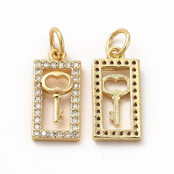 Rack Plating Brass Micro Pave Cubic Zirconia Charms, with Jump Ring, Real 18K Gold Plated, Long-Lasting Plated, Rectangle with Key Charm, Real 18K Gold Plated, 15x7.5x2mm, Hole: 3.6mm