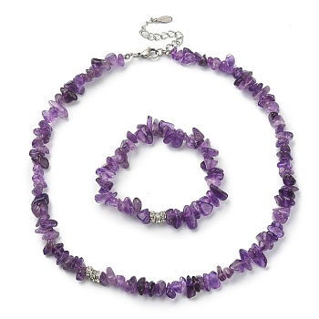 Natural Amethyst Chips Beaded Necklace & Stretc Bracelet, Gemstone Jewelry Set, 16-3/8 inch(41.5cm), Inner Diameter: 1-3/4 inch(4.6cm)