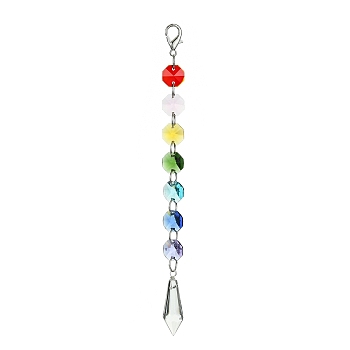 Electroplate Octagon Glass Beaded Pendant Decorations, Suncatchers, Rainbow Maker, with Alloy Lobster Claw Clasps, Clear Faceted Glass Pendants, Cone Pattern, 190mm, Pendant: 37x13mm