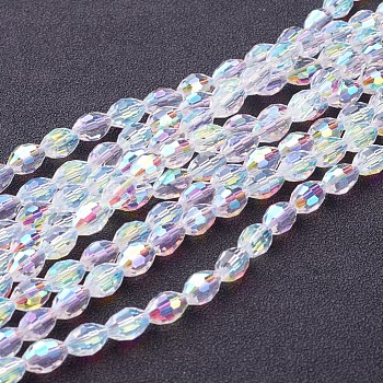 Electroplate Glass Beads Strands, AB Color Plated, Faceted Oval, White, bead: 8mm long, 6mm thick, hole: 1.5mm, about 72pcs/strand