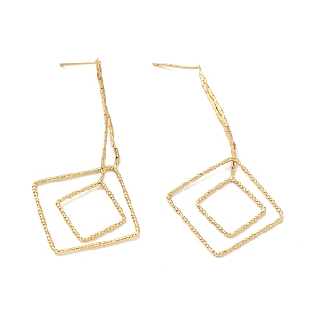 Rack Plating Brass Double Rhombus Long Dangle Stud Earrings for Women, Cadmium Free & Nickel Free & Lead Free, Real 18K Gold Plated, 60mm, Pin: 0.7mm