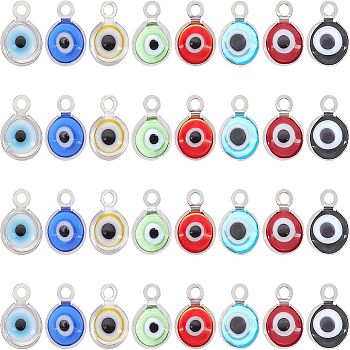 SUPERFINDINGS Handmade Lampwork Charms, with 304 Stainless Steel Findings, Flat Round with Evil Eye, Mixed Color, 9.5x6.5x2.5mm, Hole: 1.5mm, 8 colors, 8pcs/color, 64pcs