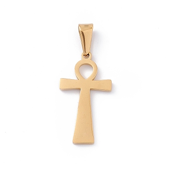 Vacuum Plating 304 Stainless Steel Pendants, Laser Cut, Ankh Cross Charms, Golden, 25x13.5x1mm, Hole: 3.5x7mm