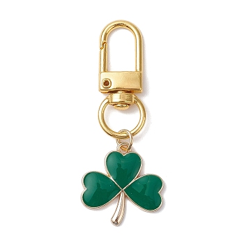 Lucky Clover Alloy Enamel Pendant Decoration, with Alloy Swivel Clasps, Golden, 57mm