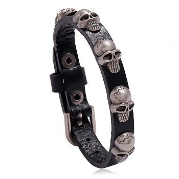 Alloy Skull Rivet Studded Cowhide Cord Bracelet, Gothic Bracelet with Buckle for Men Women, Black, 9-1/2 inch(24cm)