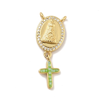 Brass Charms, with Shell, Cadmium Free & Lead Free, Long-Lasting Plated, Oval with Cross, Real 18K Gold Plated, Lime Green, 30mm, Hole: 1.5mm