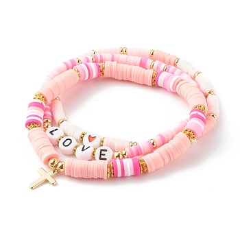 Polymer Clay Heishi Beads Stretch Bracelets Sets for Valentine's Day, with Acrylic Enamel Beads, Word Love, Real 18K Gold Plated, Pink, Inner Diameter: 2-1/8 inch(5.4cm), 3pcs/set
