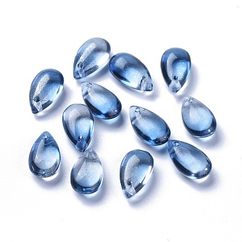 Transparent Glass Charms, Dyed & Heated, Teardrop, Cornflower Blue, 13.5x8x5.5mm, Hole: 1mm