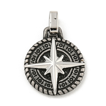 304 Stainless Steel Pendants, Flat Round with Star Charm, Antique Silver & Stainless Steel Color, 22x18x4mm, Hole: 3.5x4mm