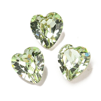 Glass Rhinestone Cabochons, Flat Back & Back Plated, Faceted, Heart, Chrysolite, 6.5x6x4mm