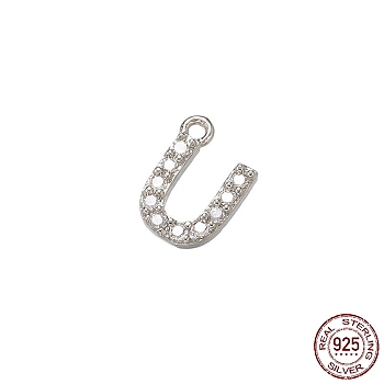 Real Platinum Plated Rhodium Plated 925 Sterling Silver Micro Pave Clear Cubic Zirconia Charms, Initial Letter, Letter U, 8.5x6x1.5mm, Hole: 0.9mm