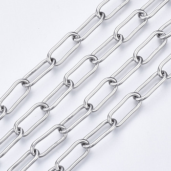 304 Stainless Steel Paperclip Chains, Drawn Elongated Cable Chains, Unwelded, with Spool, Oval, Stainless Steel Color, 17x7x2mm, about 65.61 Feet(20m)/roll