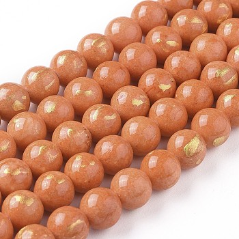 Natural Mashan Jade Beads Strands, with Gold Foil, Dyed, Round, Coral, 10mm, Hole: 1mm, about 39~40pcs/strand, 15.75 inch(40cm)