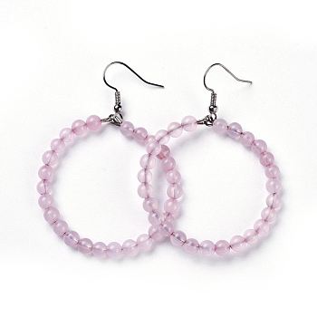Natural Rose Quartz Dangle Earrings, with Stainless Steel Hook, Ring, 60~61x44mm, Pin: 0.6mm