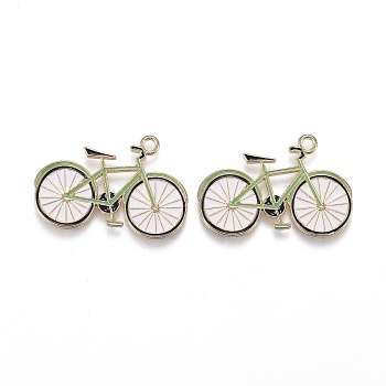 Light Gold Plated Alloy Jewelry Enamel Pendants, Bicycle, Green, 19x25.5x1.5mm, Hole: 1.8mm