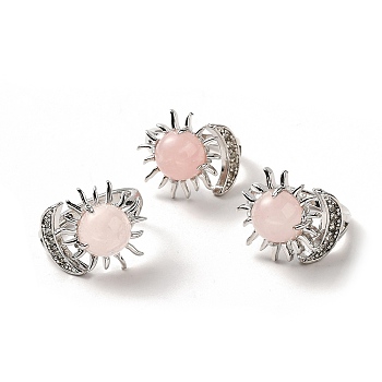Natural Rose Quartz Sun & Moon Open Cuff Rings, Platinum Brass Jewelry for Women, Lead Free & Cadmium Free, Inner Diameter: 17~18mm